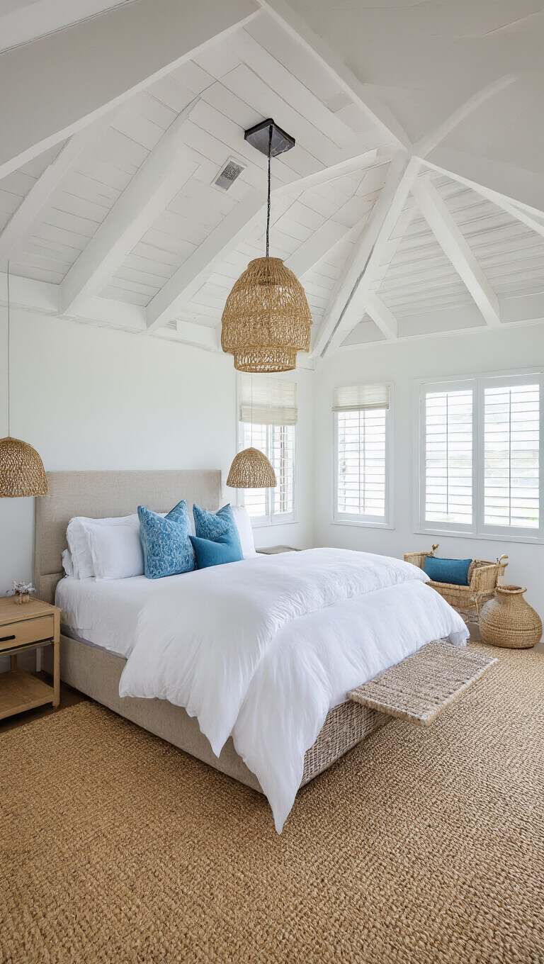 Bird's eye view of a bright coastal bedroom with vaulted ceiling, white beams, king bed with white bedding and blue pillows, woven pendants, sisal carpet, and natural light from plantation shutters.