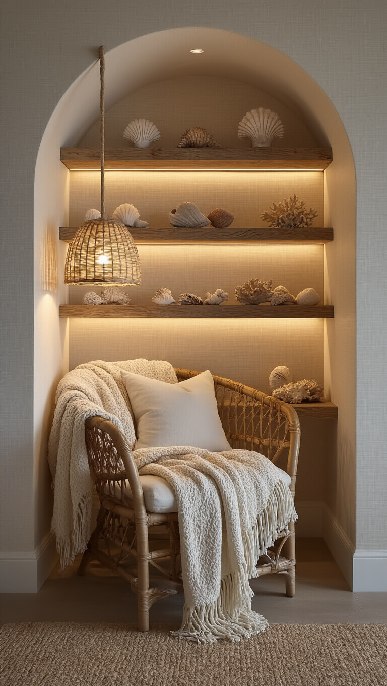 Coastal bedroom reading nook at dusk with rattan chair, cream throw, seashell-decorated shelves, and warm woven lamp lighting.