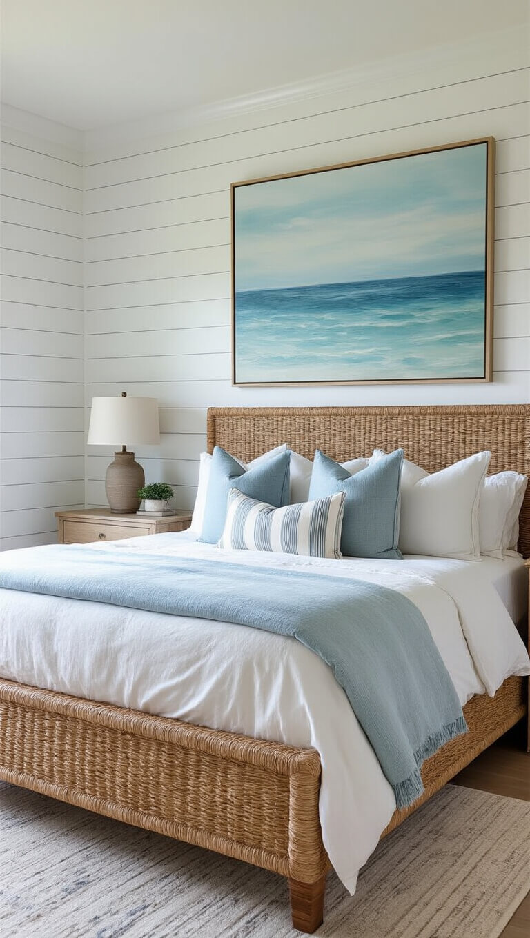 Coastal master suite with shiplap accent wall, seagrass bed frame, layered white and blue bedding, striped pillows, and large abstract seascape artwork.