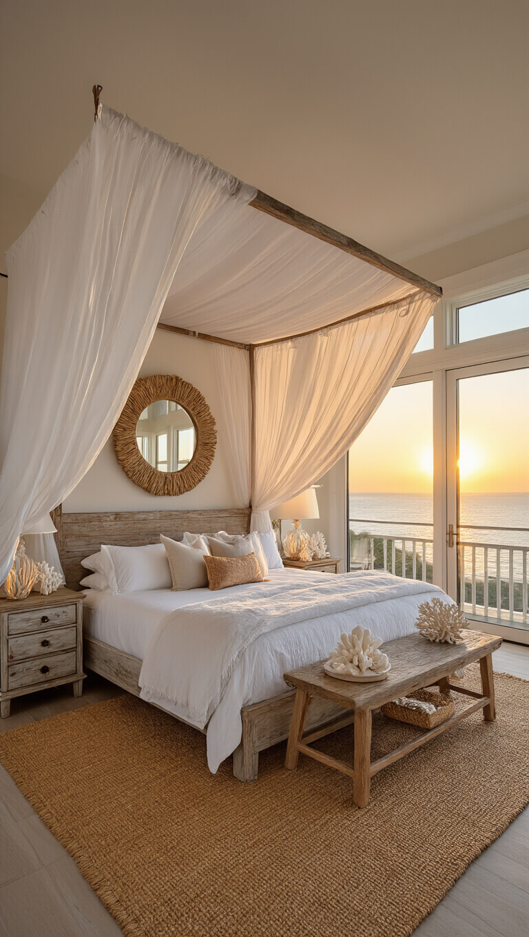Coastal bedroom at sunset with canopy bed, distressed wood nightstands, jute rug, and rope-framed mirror reflecting golden light.