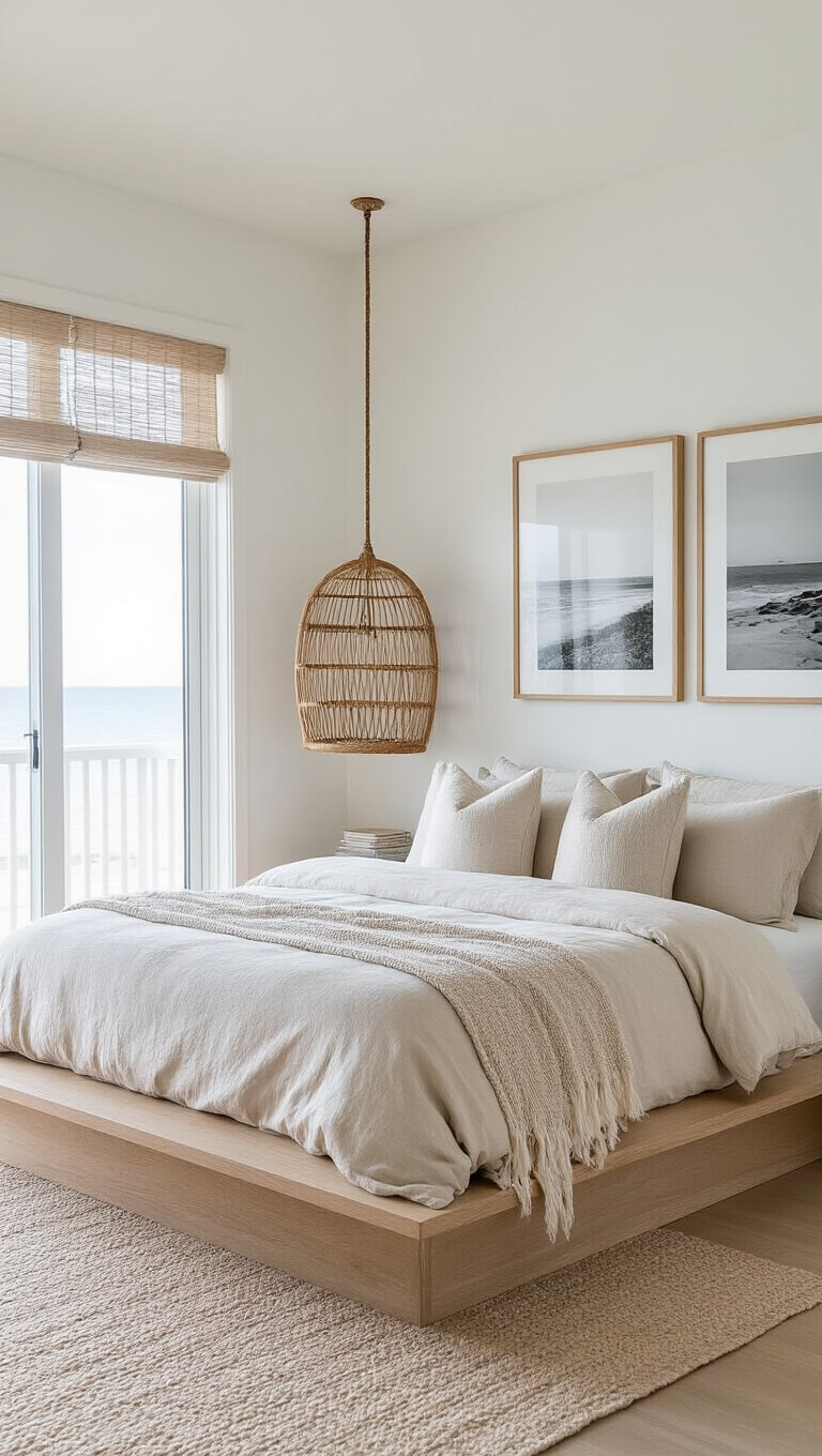 Minimalist coastal bedroom with bleached oak bed, linen bedding, rattan hanging chair, and beach photo gallery wall.