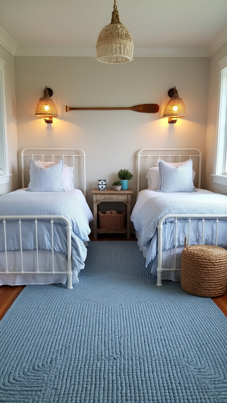 Cozy 10x12ft coastal-themed guest bedroom with twin white iron beds, seersucker bedding, vintage oar wall art, rope-wrapped sconces, and a soft blue braided rug at twilight.
