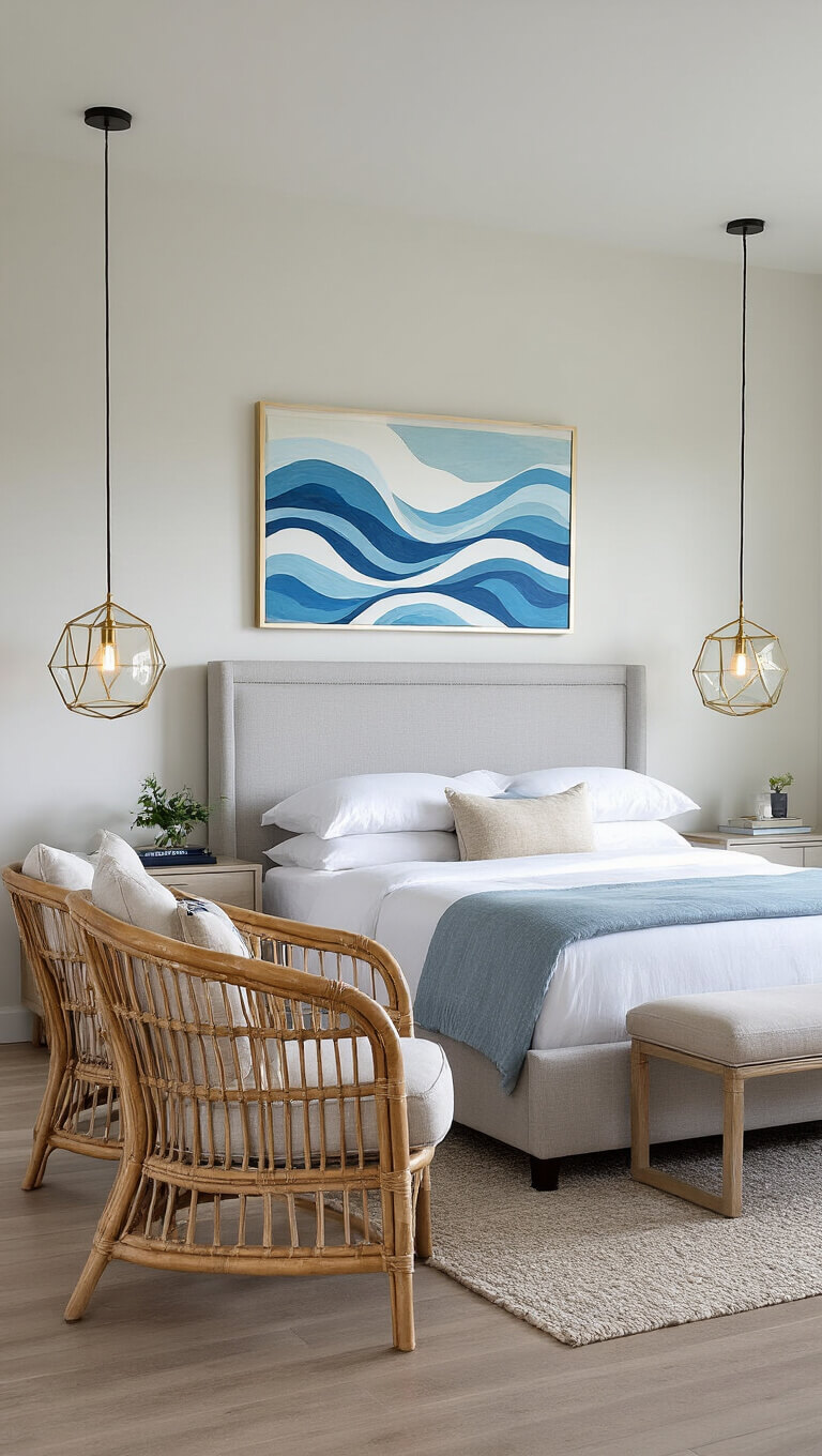Modern coastal bedroom with king bed, abstract wave art, brass pendant lights, rattan chairs, and abundant natural light.
