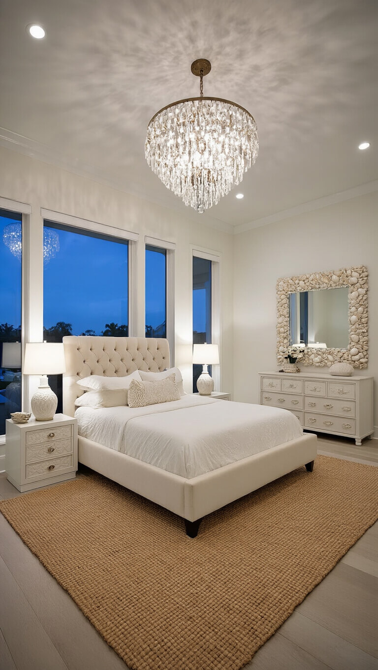 Luxury coastal bedroom at dusk with cream velvet tufted headboard, crystal chandelier, mirrored nightstands, and dramatic accent lighting.