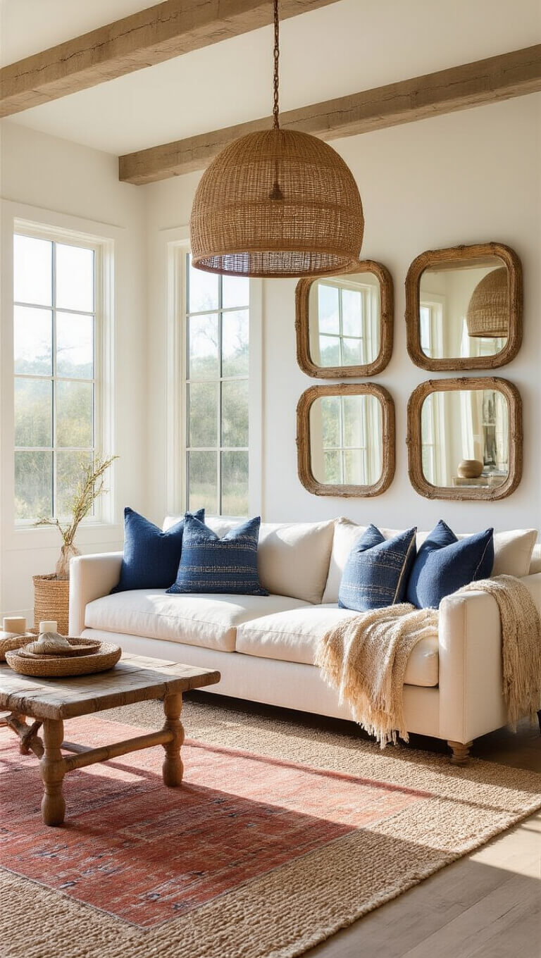 Sunlit coastal living room with cream sofa, indigo pillows, rattan pendant, layered rugs, and driftwood-framed mirrors.