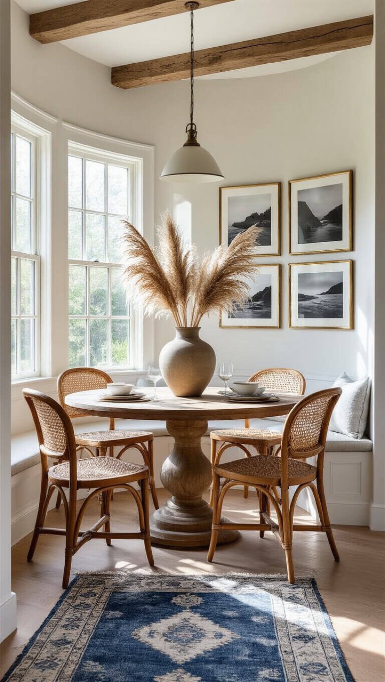 Compact dining nook with round teak table, mismatched vintage cane chairs, pampas grass centerpiece, bay window, exposed beams, and ocean photo gallery in airy morning light.