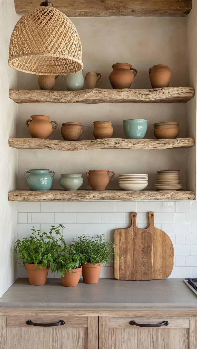 Boho beach kitchen corner with driftwood shelves, handmade pottery, woven pendant light, vintage cutting boards, and terra cotta potted herbs.
