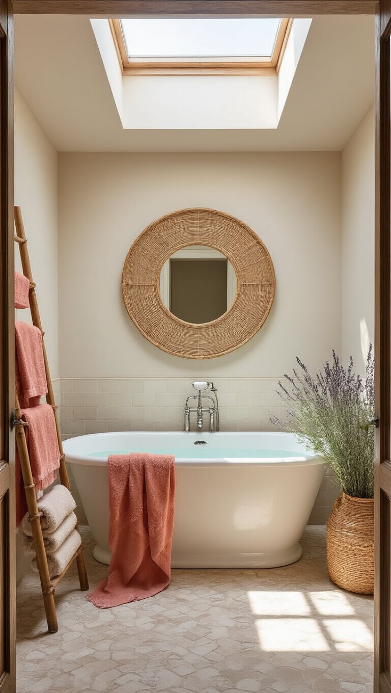 Wide-angle view of serene 10x12ft bathroom with clawfoot tub under skylight, sunbeam illuminating zellige tile walls, coral and sand Turkish towels on bamboo ladder, rattan mirror reflecting light, and basket with dried eucalyptus and lavender.