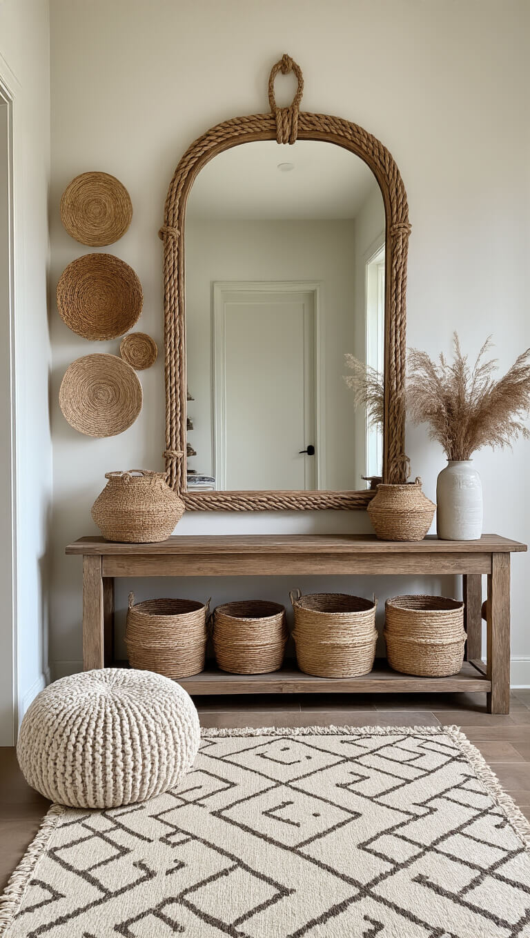 Bohemian entryway with vintage mirror, reclaimed wood console, woven basket wall art, knit pouf, and neutral geometric runner in soft lighting.