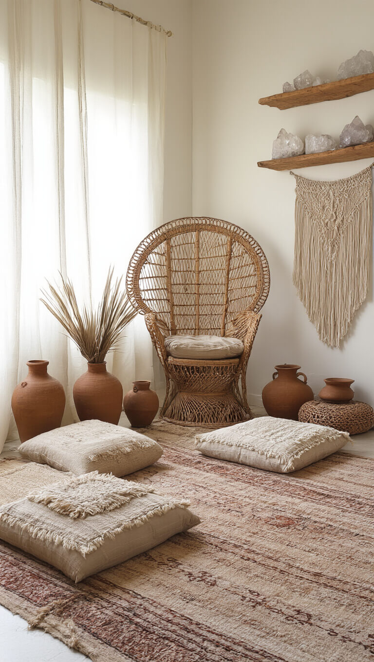 Cozy meditation corner with floor cushions on layered Moroccan rugs, rattan peacock chair, macramé wall hanging, ceramic vessels with dried palms, and crystal clusters on wooden shelves bathed in soft morning light.