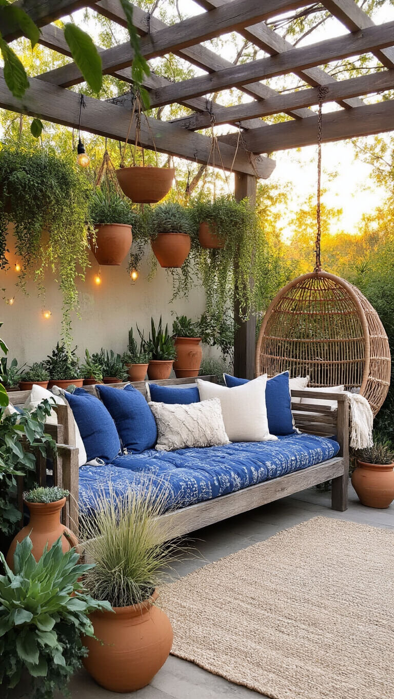 Eclectic 10x12ft outdoor patio with weathered wooden daybed, indigo pillows, cream textiles, hanging rattan egg chair, terra cotta pots of succulents, string lights, and golden hour lighting.