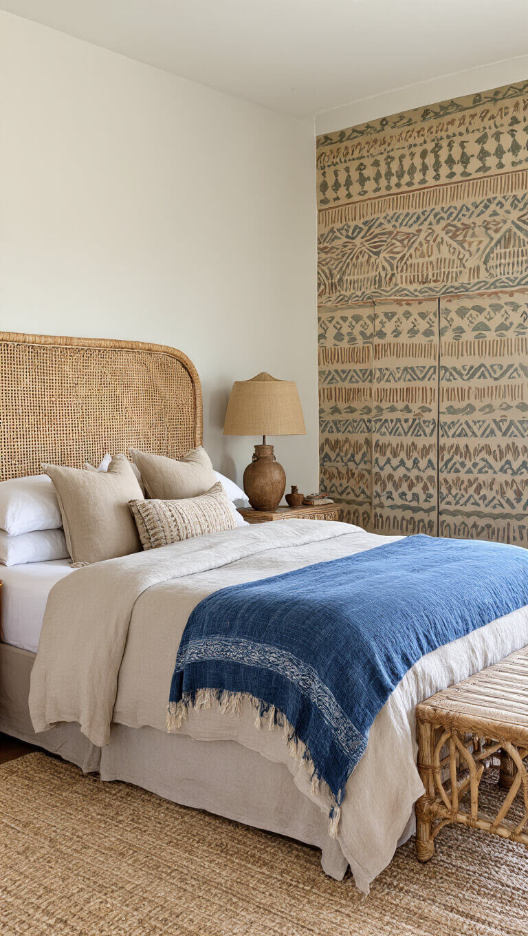 Boho beach guest room with queen bed in sand-toned linen, indigo throws, large woven headboard, rattan side tables, tribal accent wall, and soft morning light.