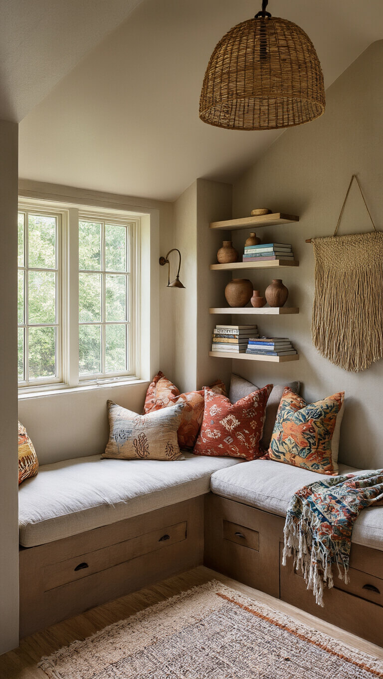 Cozy reading nook beneath sloped ceiling with cushioned window seat, global print pillows, floating shelves of books and ceramics, handwoven wall hanging, and vintage floor lamp in soft late afternoon light.