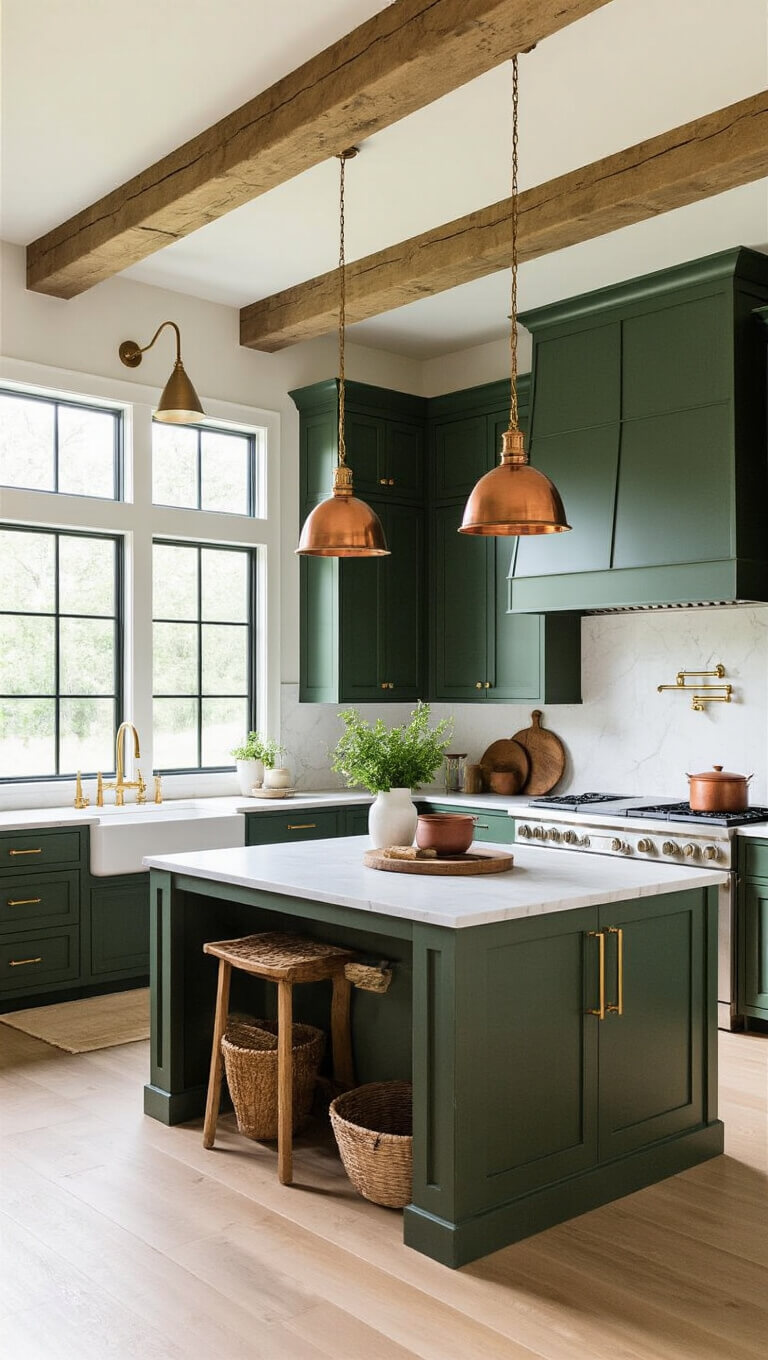 Modern farmhouse kitchen with hunter green shaker cabinets, white marble countertops, exposed wooden beams, and copper pendant lights over a large island; golden hour light enhances brass hardware and artisanal decor.