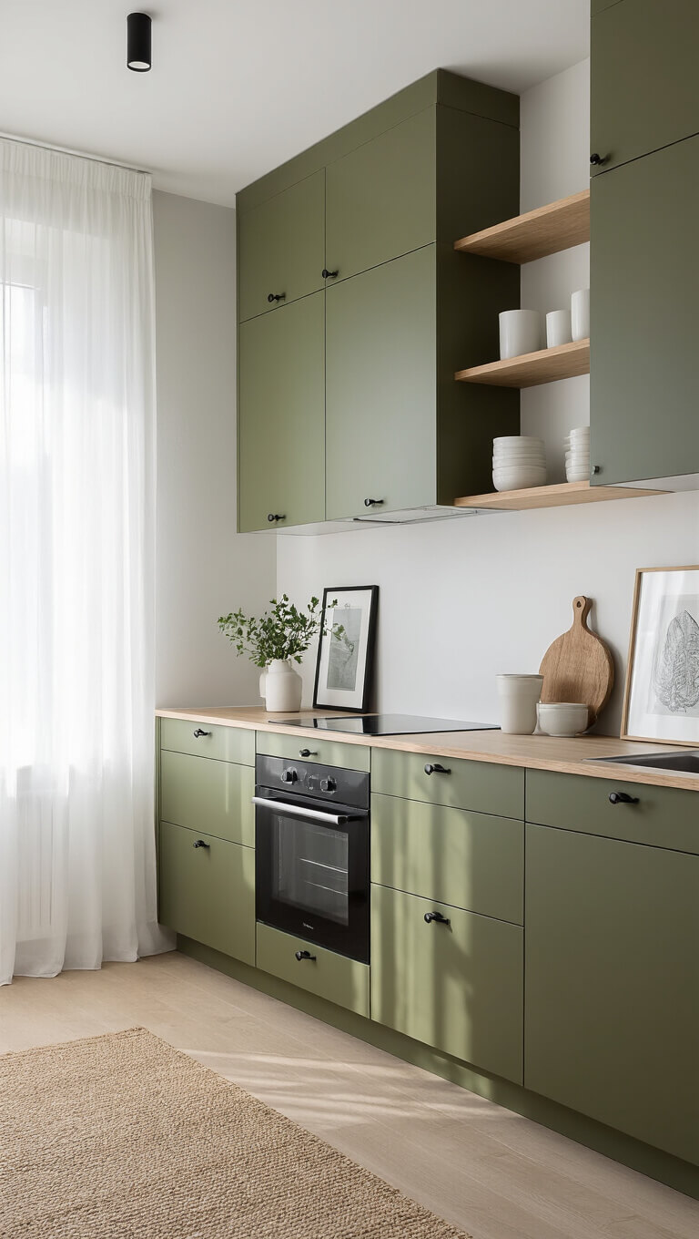 Scandinavian minimalist kitchen with olive green cabinets, white oak flooring, and soft morning light filtering through sheer curtains.