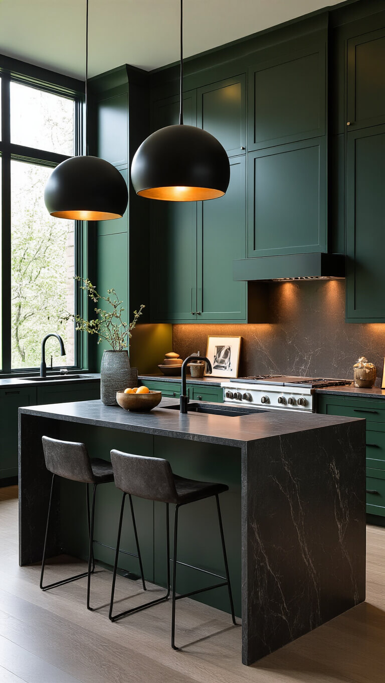 Moody contemporary kitchen with forest green lacquered cabinets, charcoal quartz island, and matte black pendant lights, softly lit at dusk.