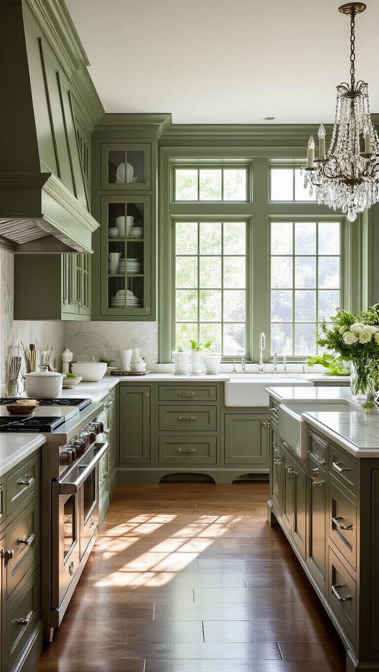 Spacious traditional kitchen with moss green cabinets, marble countertops, crystal chandelier, and afternoon light through divided windows.