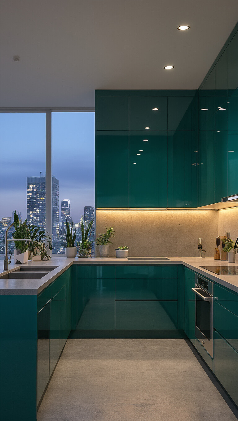 Urban modern kitchen at night with teal glossy cabinets, dramatic LED lighting, stainless steel appliances, concrete counters, and city view through windows.