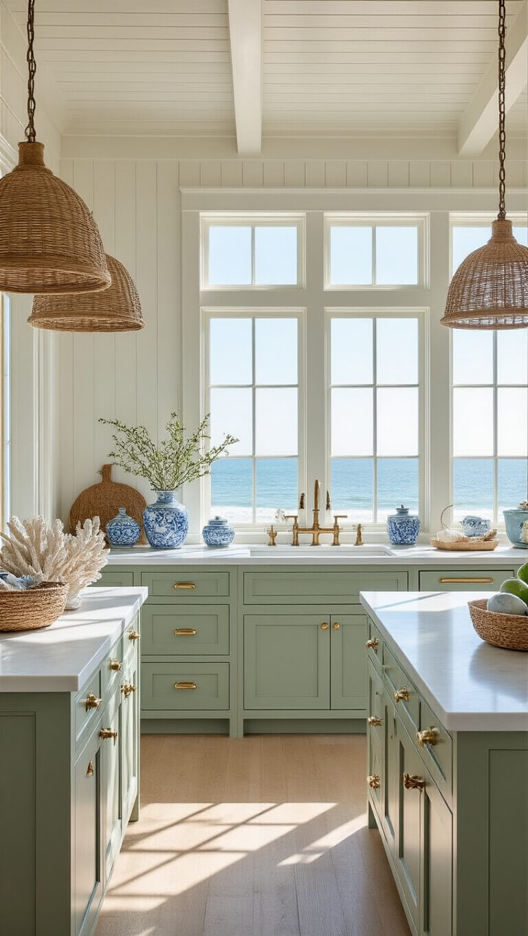 Coastal chic kitchen with sage green beadboard cabinets, brass hardware, white quartz counters, and ocean view through beach-facing windows.