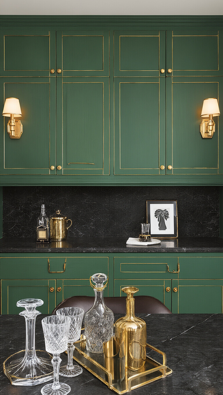 Art Deco Revival kitchen with emerald green cabinets, gold hardware, black marble countertops, and vintage sconces in evening lighting.