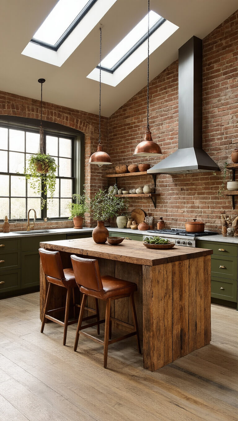 Rustic modern kitchen with dark olive green cabinets, exposed brick wall, reclaimed wood island, leather barstools, and vintage copper accents under golden hour skylight lighting.