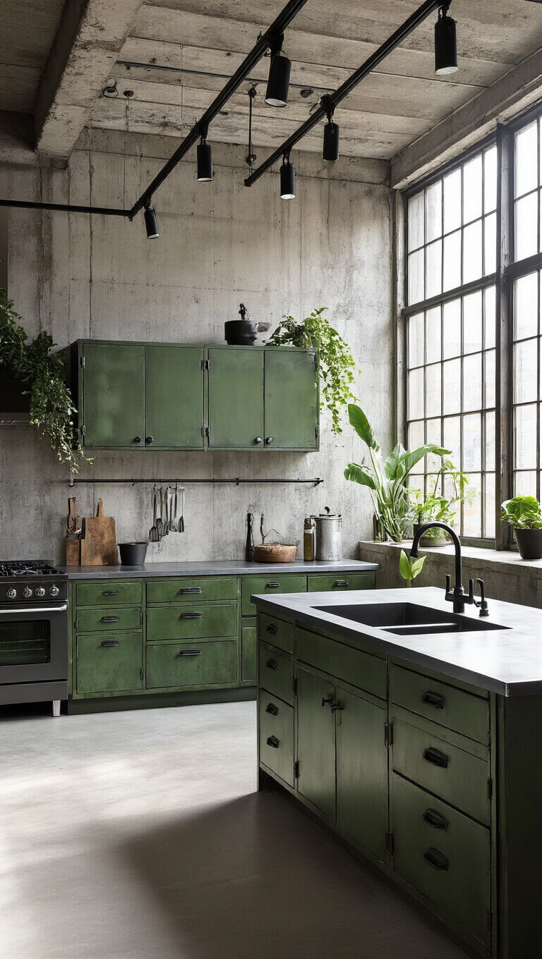 Industrial loft kitchen with forest green metal cabinets, concrete walls, zinc countertops, and factory windows letting in afternoon light.