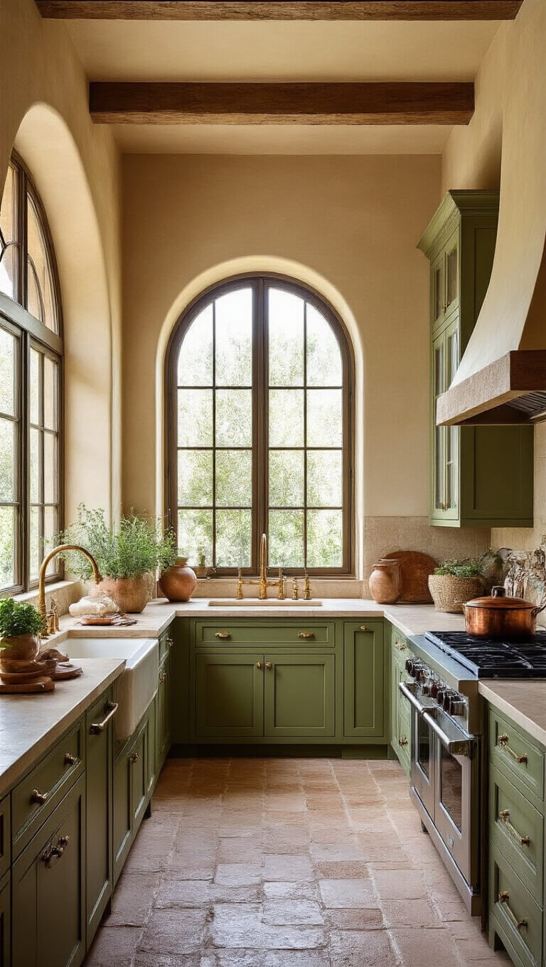 Mediterranean villa kitchen with olive green cabinets, arched details, terra cotta-framed windows, stone floors, and styled with copper cookware and fresh herbs in warm natural light.