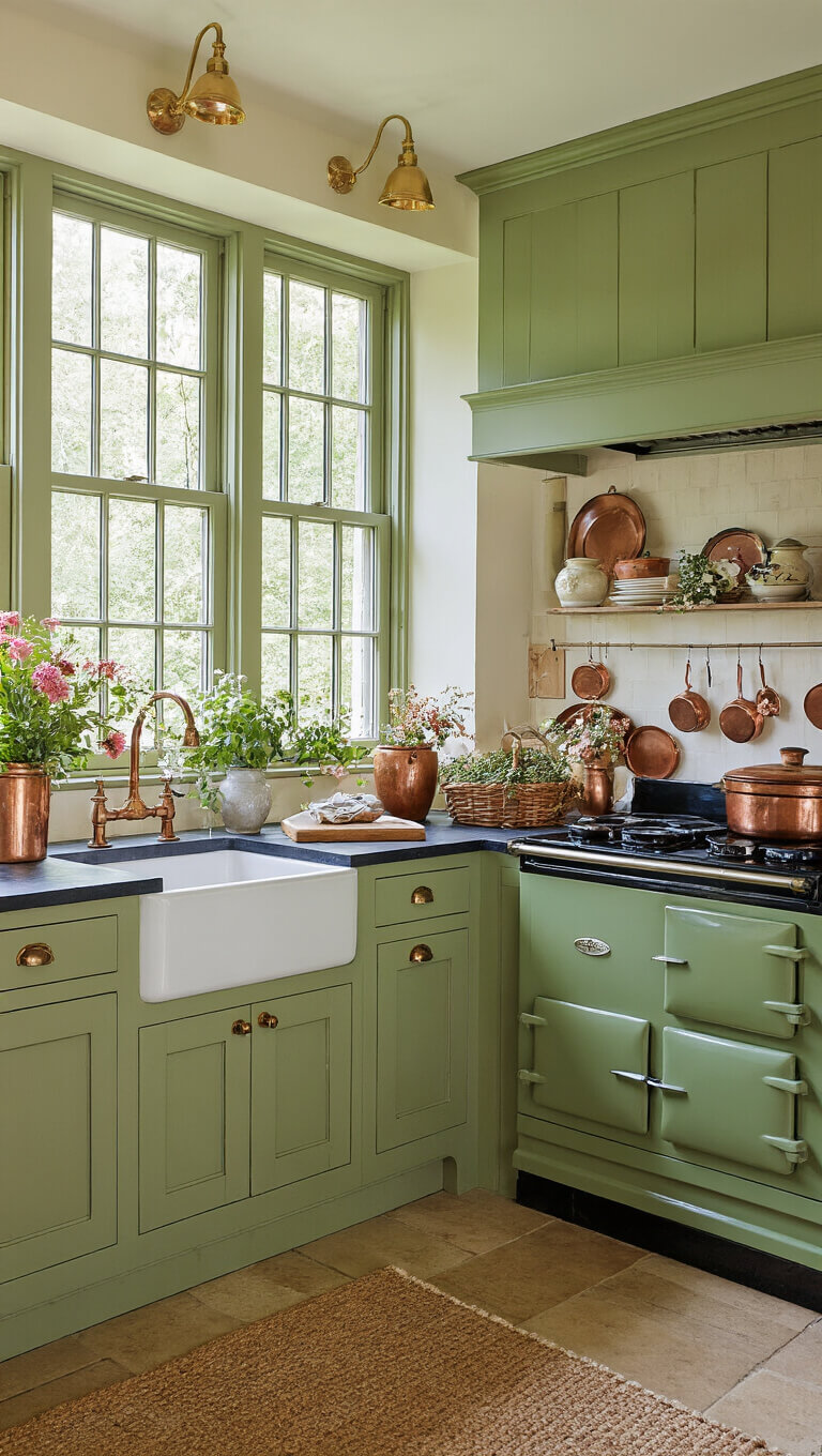 English country kitchen with hunter green cabinets, AGA range, soapstone counters, and copper cookware in natural and vintage lighting.