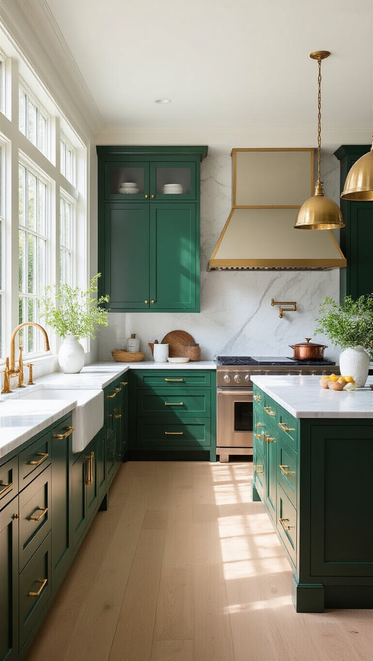 Modern emerald green kitchen with brass accents, marble countertops, and oak flooring, bathed in morning light through tall windows.