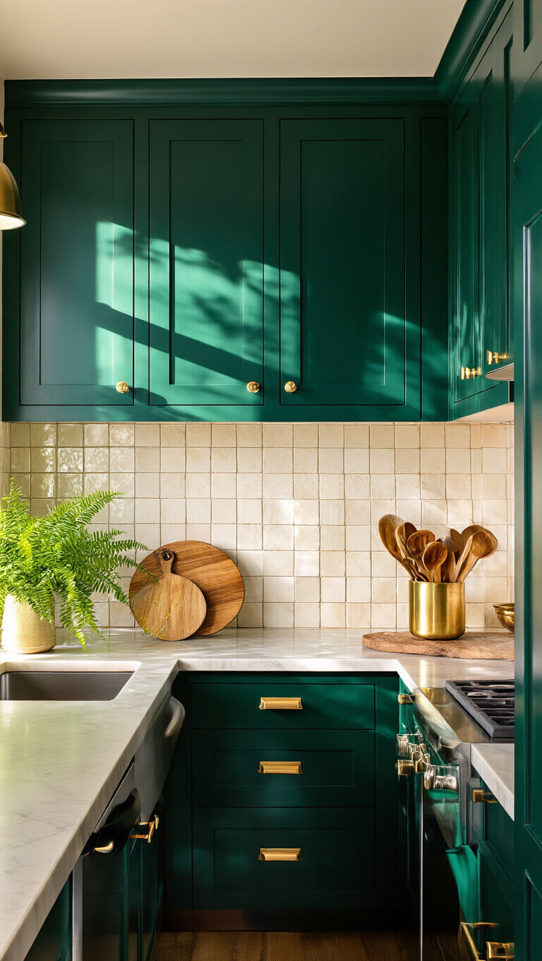 Galley kitchen with emerald green shaker cabinets, gold hardware, cream zellige backsplash, and limestone countertops, lit by golden hour sunlight.