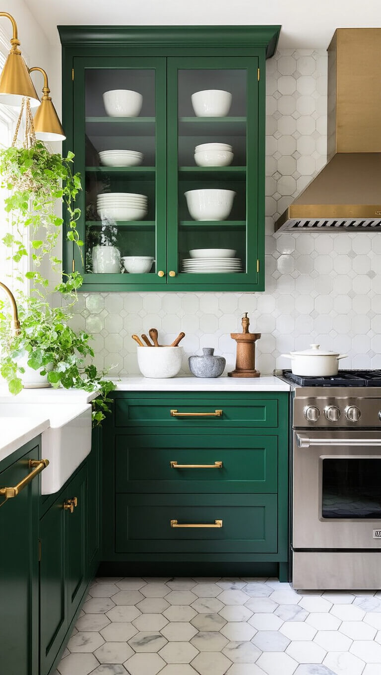 Corner kitchen nook with emerald glass-front cabinets, matte lower cabinetry, marble hex tile floor, brass sconces, and vintage kitchen accents in soft afternoon light.