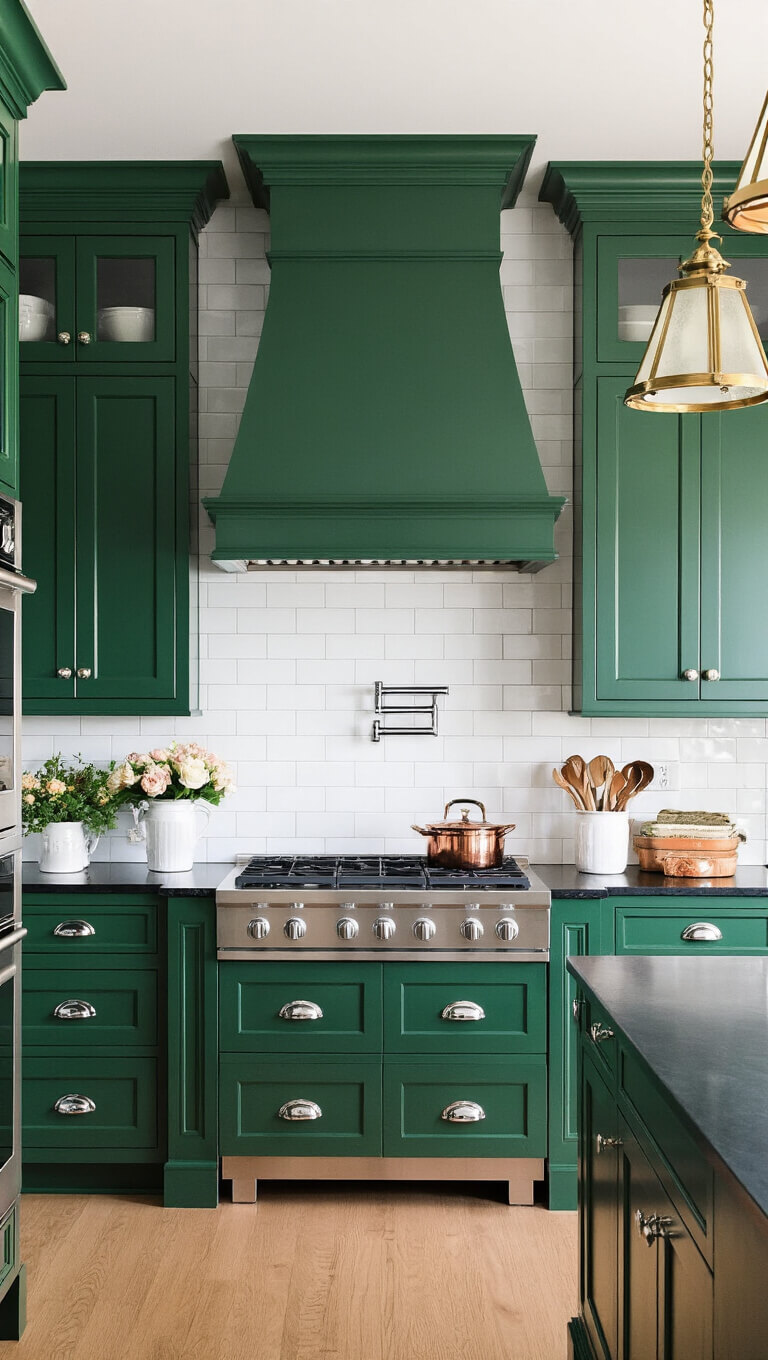 Traditional 14x16ft kitchen with emerald green inset cabinets, honed black granite countertops, white subway tile backsplash, antique brass lantern pendants, and styled with copper cookware, white ironstone pottery, and fresh flowers.