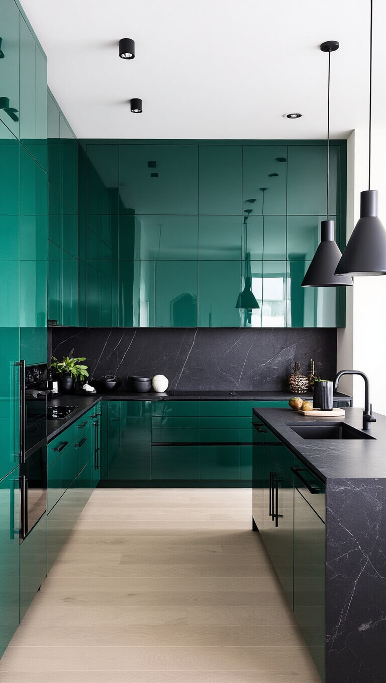 Contemporary emerald green kitchen with black stone countertops, pendant lights, and sleek decor, photographed during blue hour.