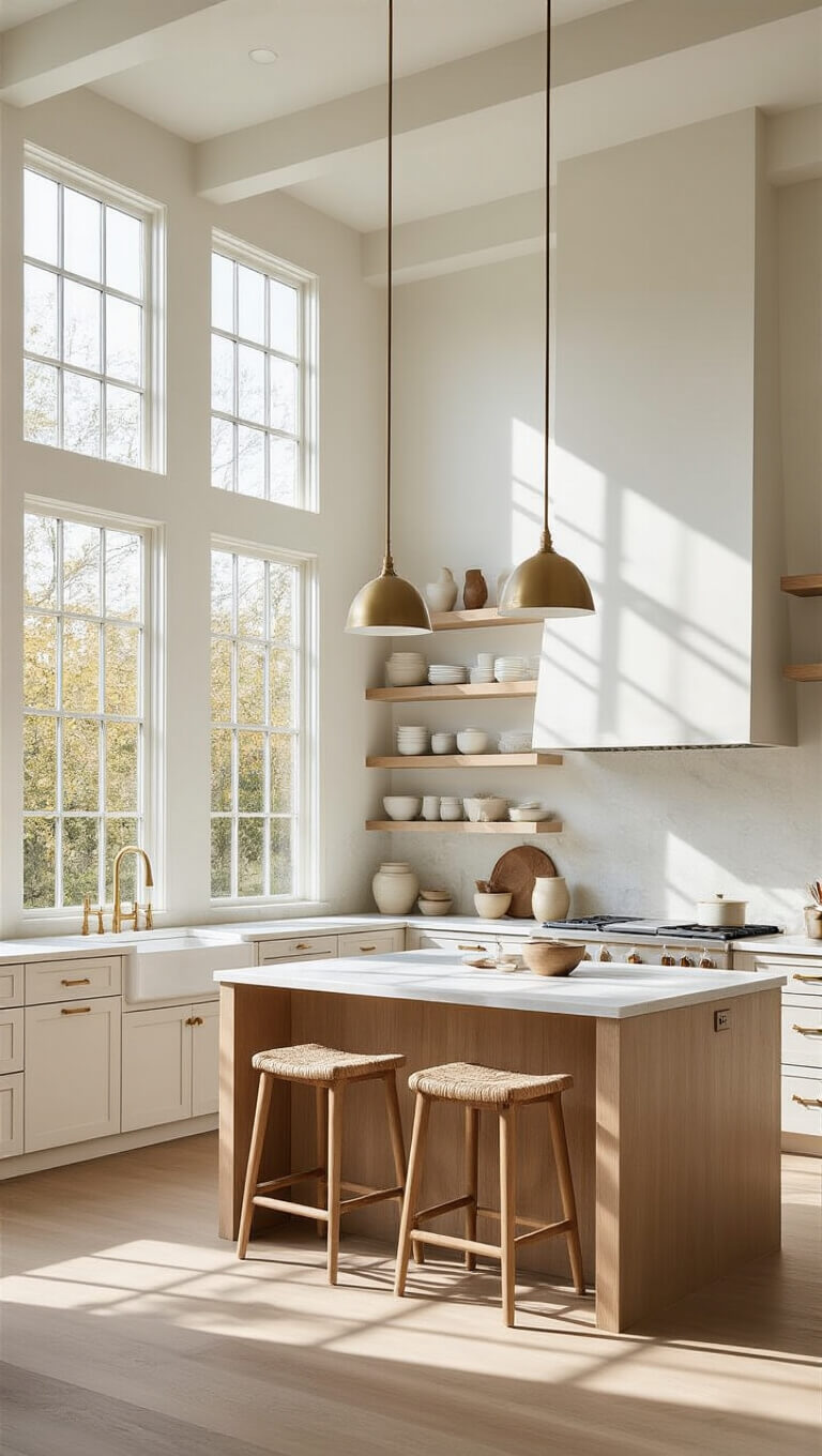 Modern 15x20ft kitchen with white oak cabinets, limestone countertops, and backlit by morning sunlight through large windows.