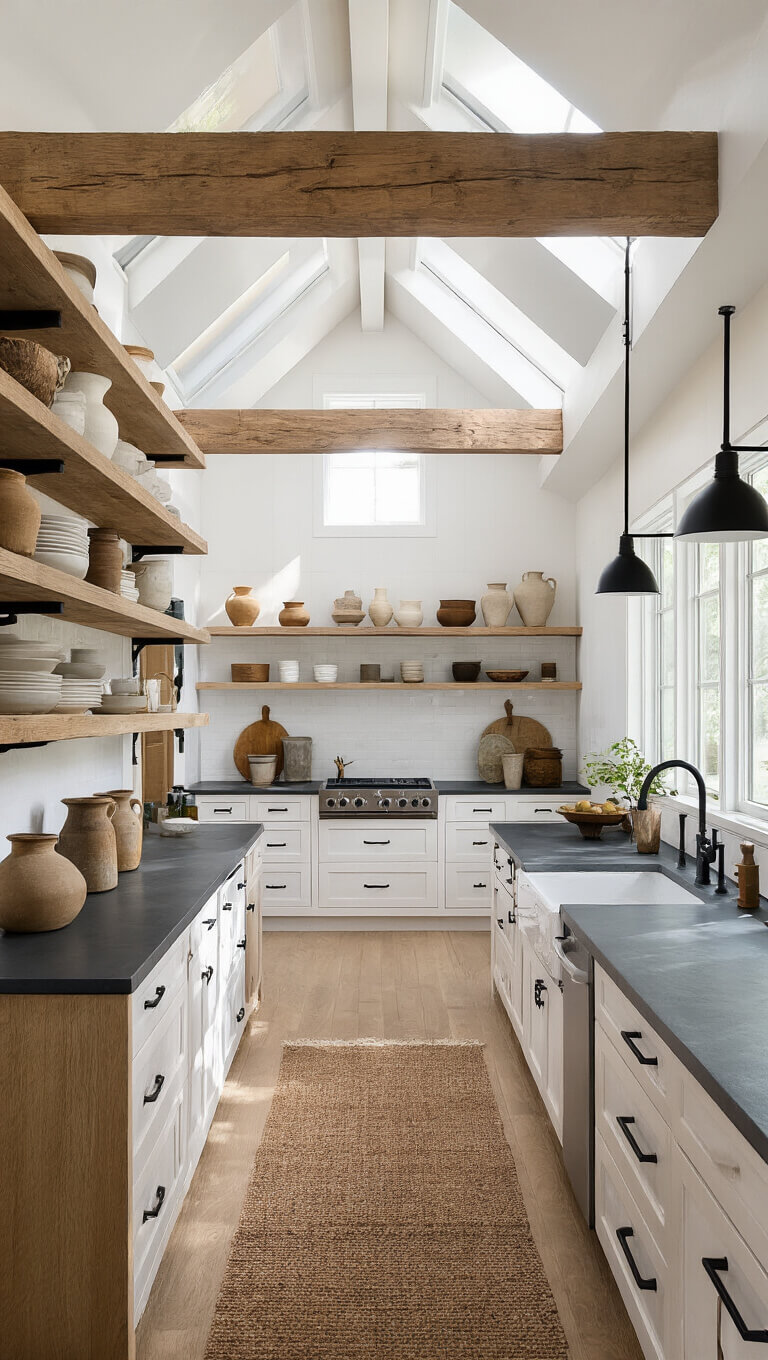 Rustic-modern galley kitchen with white oak cabinets, slate countertops, exposed beams, and open shelving displaying pottery, captured in early evening light with dramatic shadows.