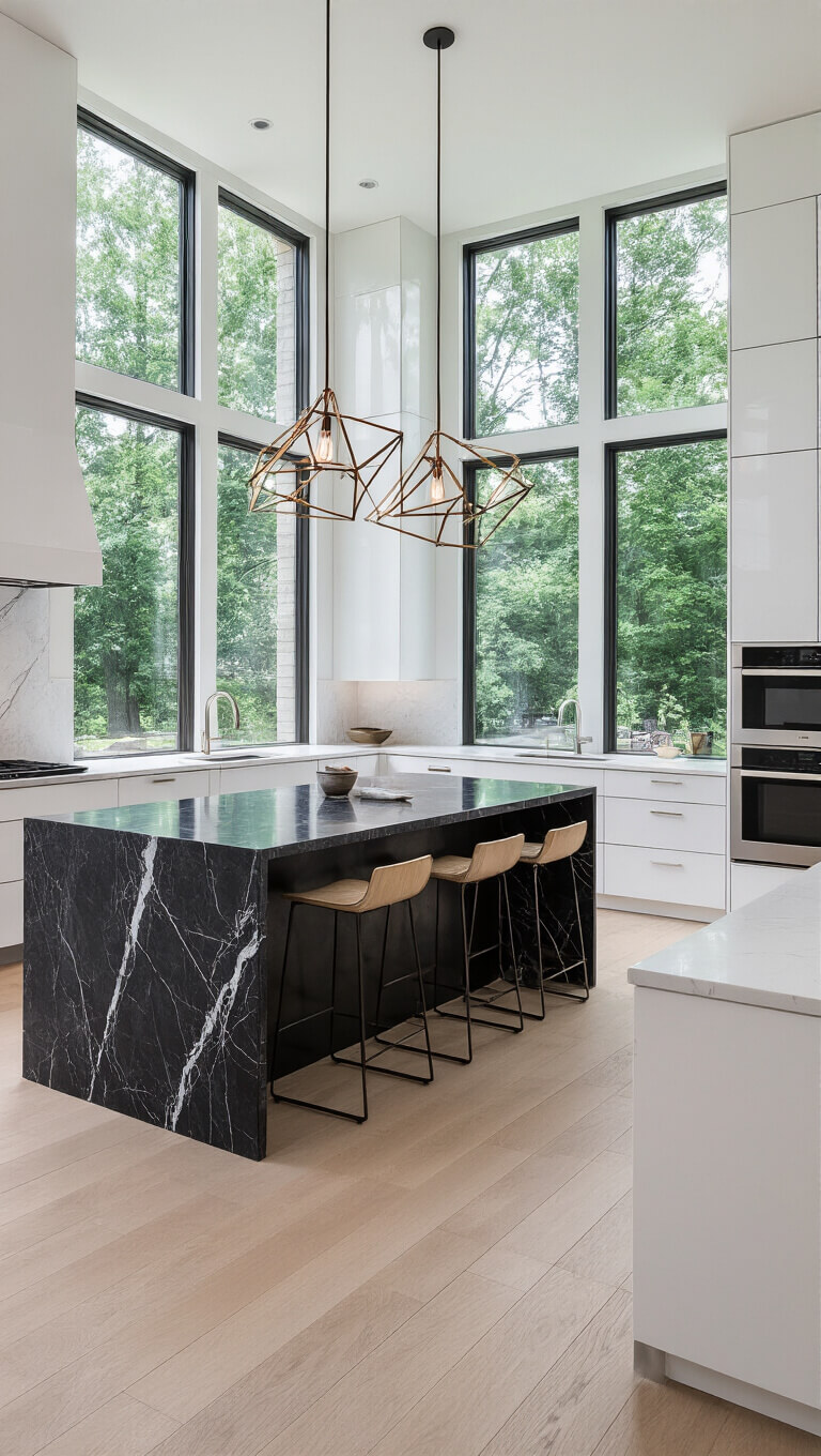 Low-angle view of a modern open-concept kitchen with white oak and glossy white cabinetry, dark marble waterfall island, and floor-to-ceiling windows.