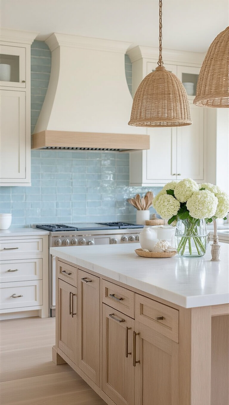 Coastal kitchen with white oak cabinets, pale blue glass backsplash, sandy limestone counters, rattan pendant lights, and white hydrangeas centerpiece.