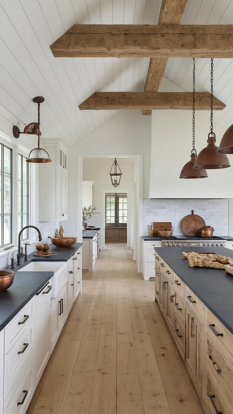 Modern farmhouse kitchen with vaulted ceiling, exposed wood beams, white oak cabinets, soapstone counters, and vintage-style accents.