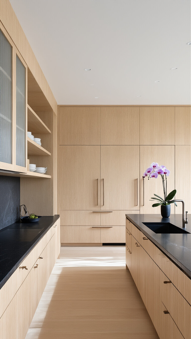 Minimalist Japanese-style kitchen with white oak cabinetry, black granite counters, and a single orchid accent, emphasizing symmetry and clean lines.