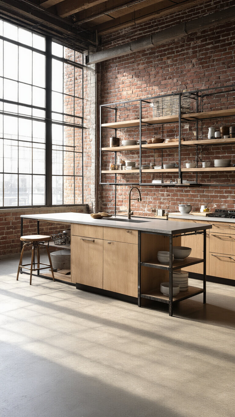 Elevated view of an urban loft kitchen with exposed brick, concrete floors, warm white oak cabinets, and steel-glass shelving lit by late afternoon sun through factory windows.