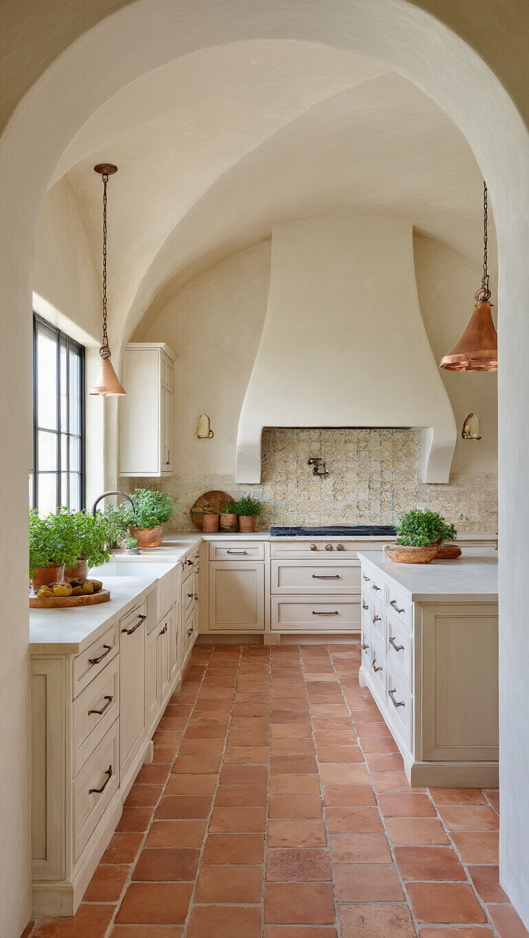 Mediterranean-modern kitchen with white oak arch-detailed cabinets, terra cotta tile flooring, cream limestone counters, handmade backsplash, copper accents, and potted herbs.