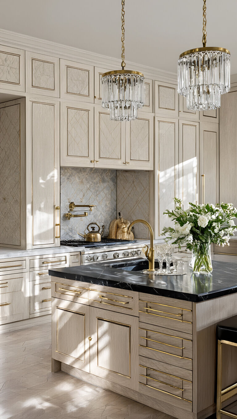 Art Deco-style kitchen with white oak cabinets, geometric inlays, black marble counters, brass hardware, and crystal pendant lights casting dramatic shadows.