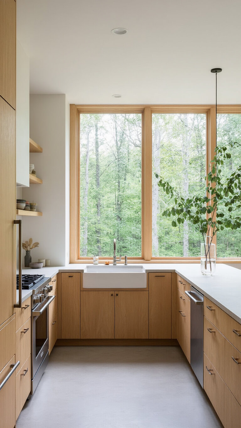 Nordic-minimal kitchen with white oak cabinets, integrated appliances, concrete counters, and large windows overlooking forest.