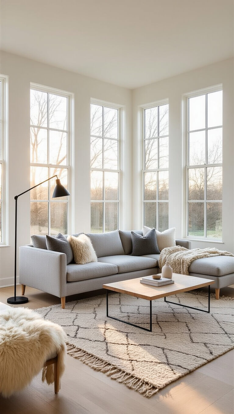 Bright minimalist living room with tall windows, grey sofa, light oak floors, and golden hour lighting.