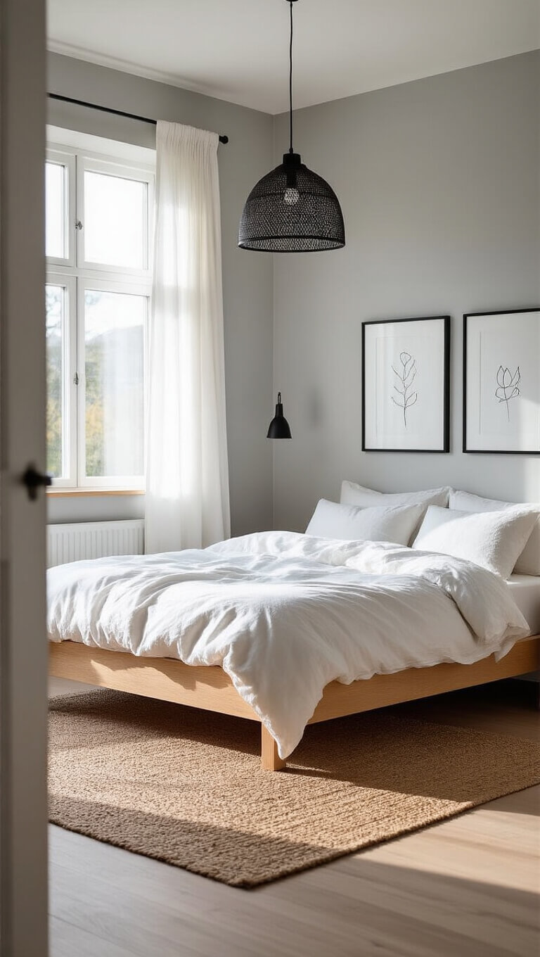 Scandinavian-style bedroom with oak platform bed, white linens, sheer curtains, and minimalist decor in soft dawn light.