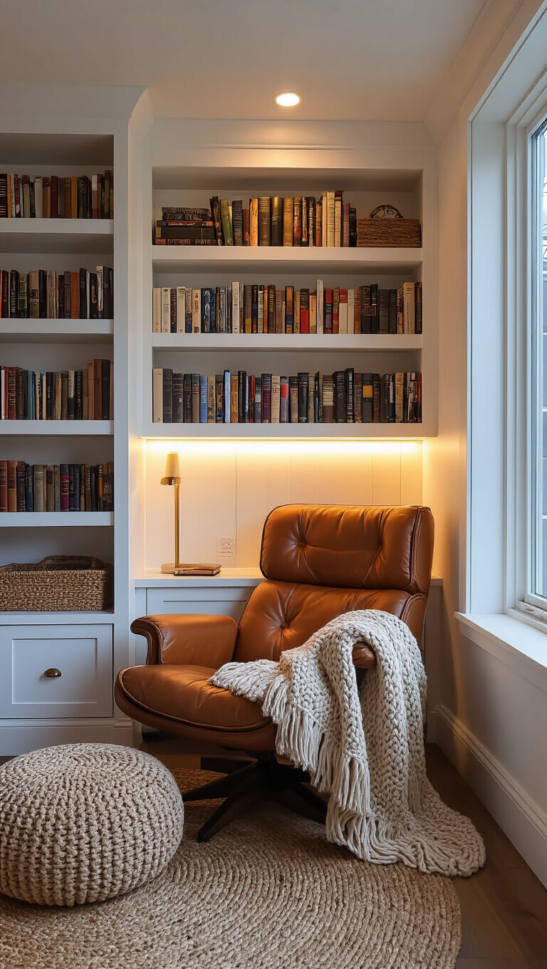 Cozy 10x12ft reading nook at dusk with cognac leather lounge chair, white built-in bookshelf, warm LED lighting, chunky knit throw, jute pouf, and moody ambient atmosphere.