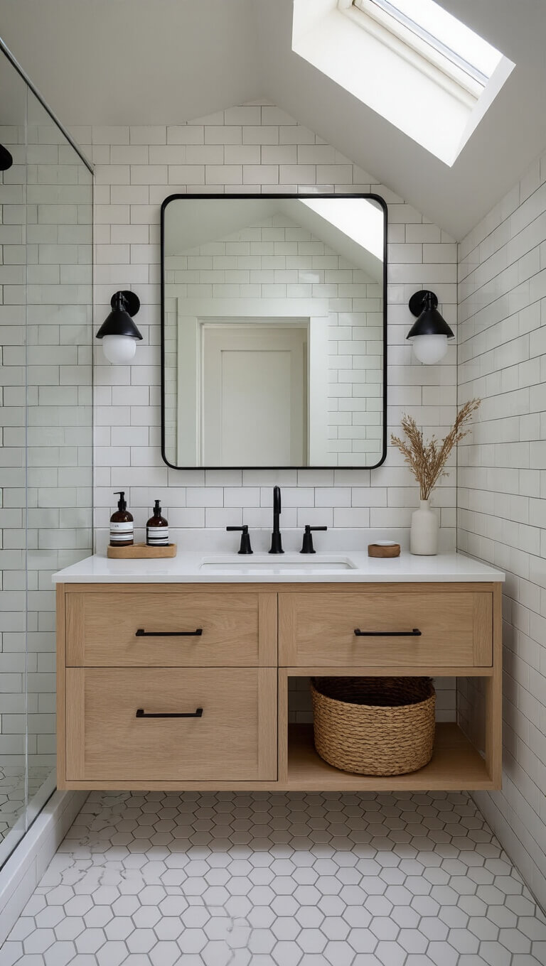 Modern 8x10ft bathroom with white hex tile floor, vertical subway tiles, floating oak vanity, matte black fixtures, and skylight lighting.
