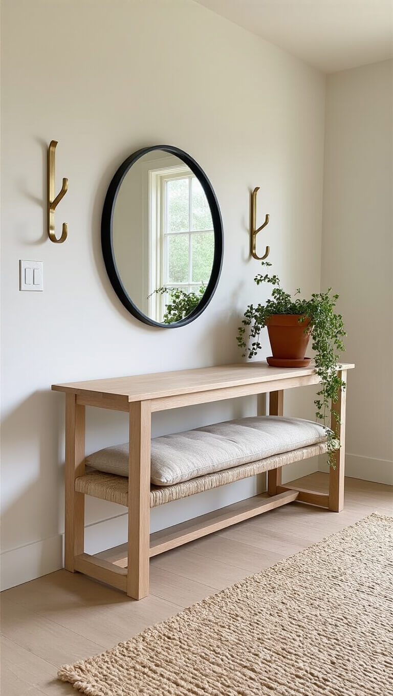 Warm 12x15ft entryway with ash wood console, black-framed round mirror, brass hooks, linen bench cushion, and trailing plant in terracotta pot, lit by soft afternoon light.