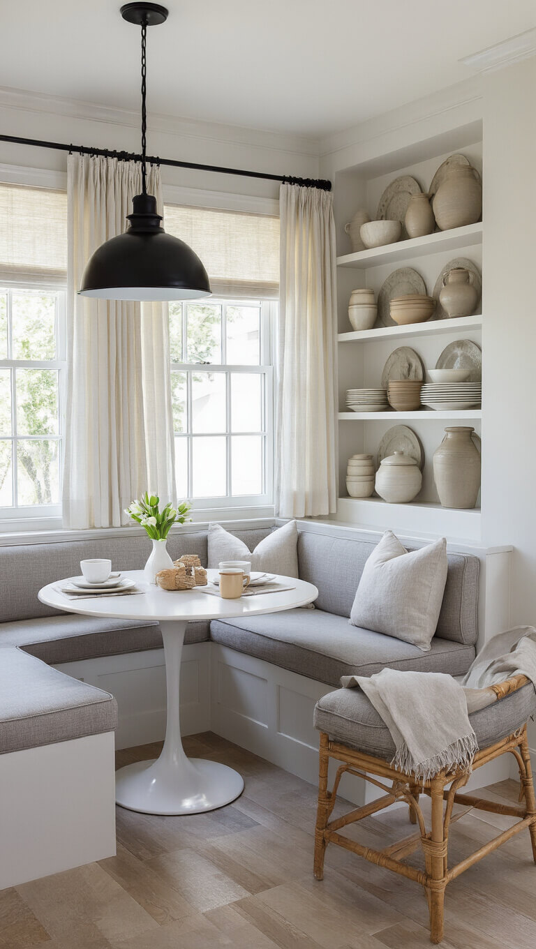 Cozy 6x8ft kitchen nook with light gray banquette, white tulip table, black pendant light, open shelves with neutral ceramics, and morning light through café curtains.