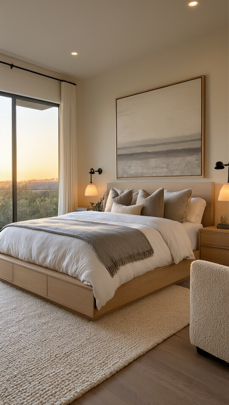 Cozy 16x20ft master suite at sunset with platform bed, muted oversized art, layered white and gray bedding, cream wool rug, and bouclé reading chair, all bathed in warm golden hour light.